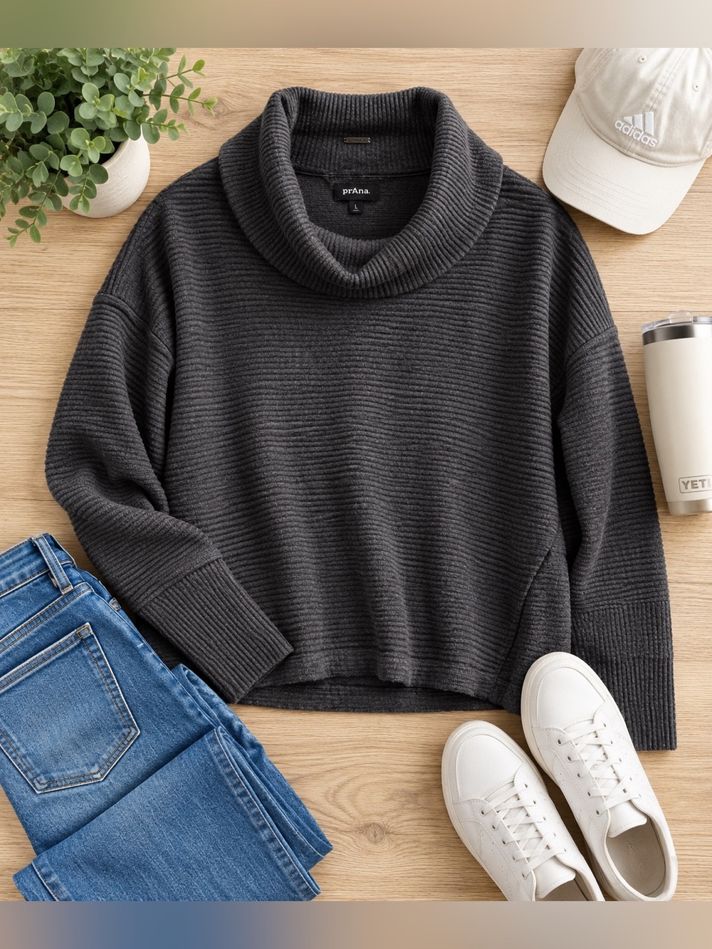 prAna Ribbed Cowl Neck Sweater Top Women’s Large Charcoal Gray